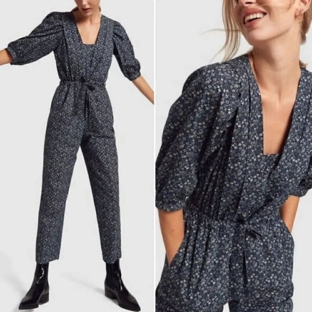 La Vie Rebecca Taylor Midnight Navy Floral Chinon Jumpsuit Sz XS